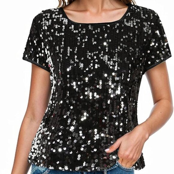 Michael Kors Shirt Black Sequin Front Round Neck Short Sleeve 100% Rayon Size-S - Picture 1 of 6